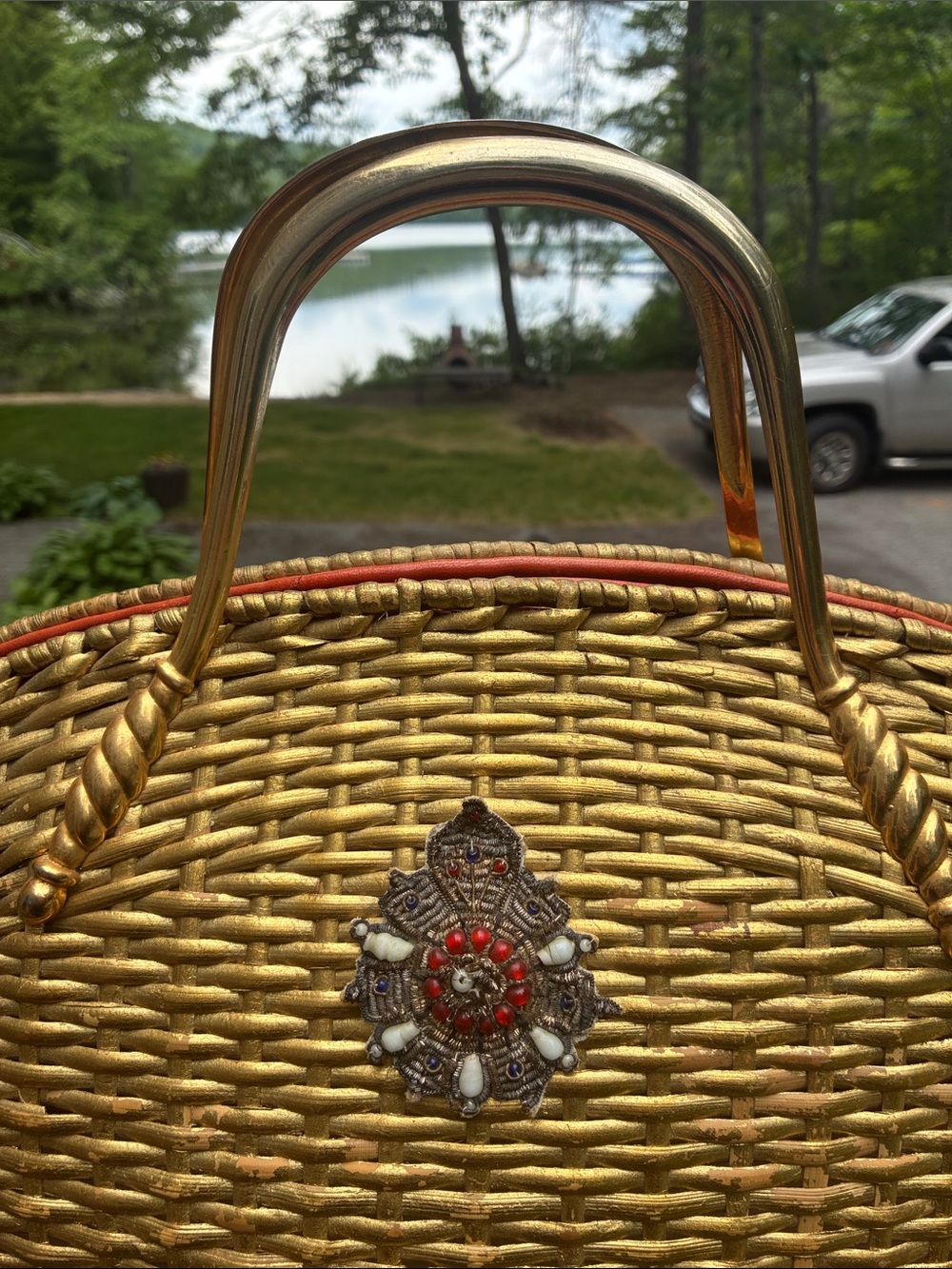 Vintage Koret Gold Woven Bucket Tote Bag with Decorative Medallion - Picture 11 of 13
